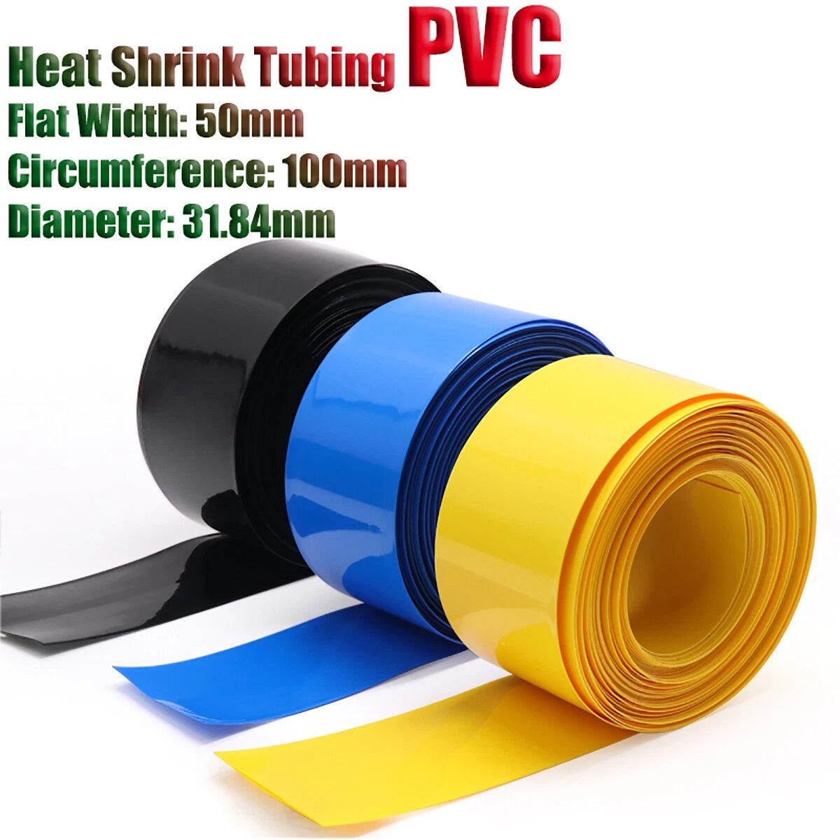 50mm PVC Heat Shrink Tubing — Flat Width 50mm (φ31.84mm) | Multi-Color, Cut to Length