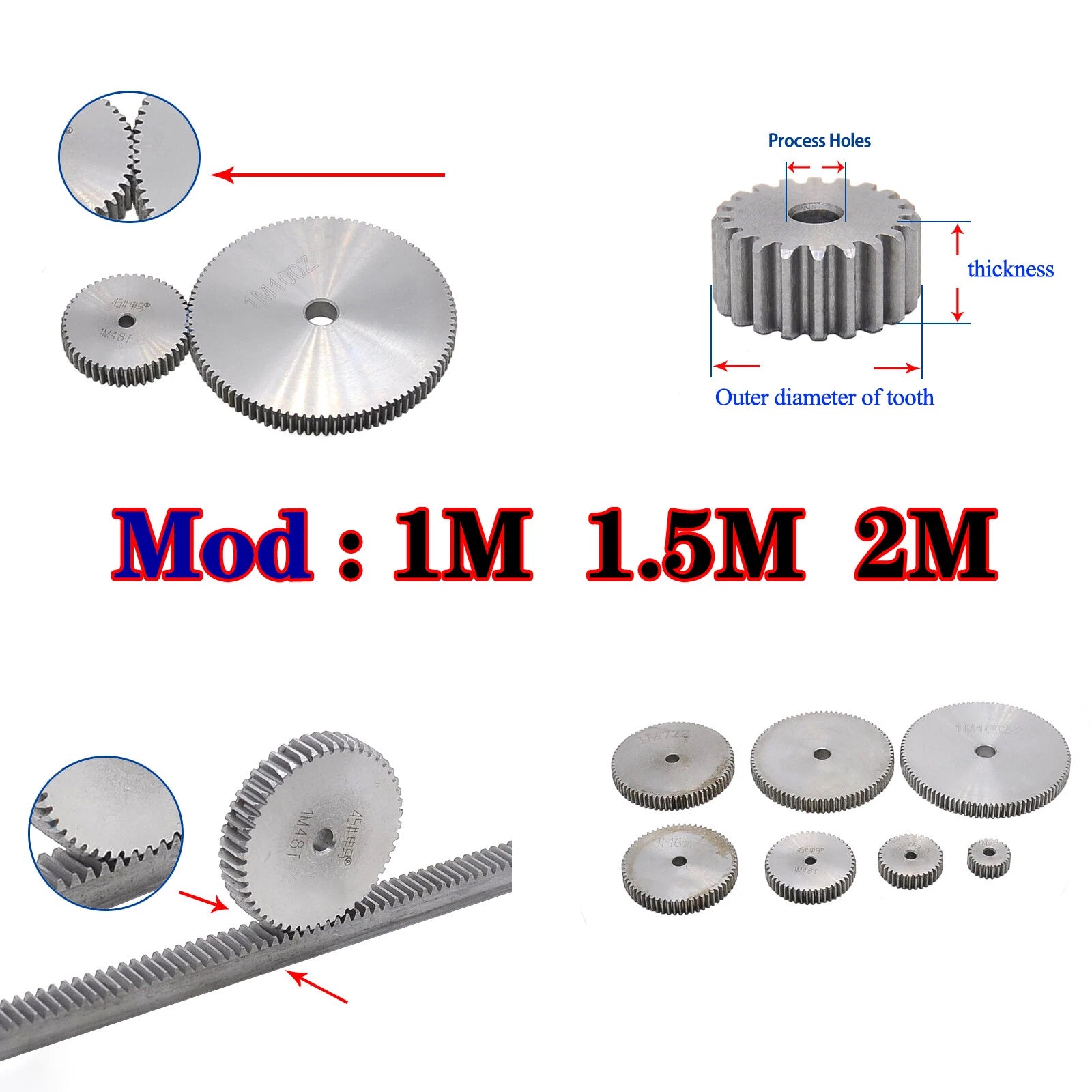 Module 1M, 1.5M, 2M Spur Gear Wheels Spur Wheel With 10 To 90 Teeth Flat Gear