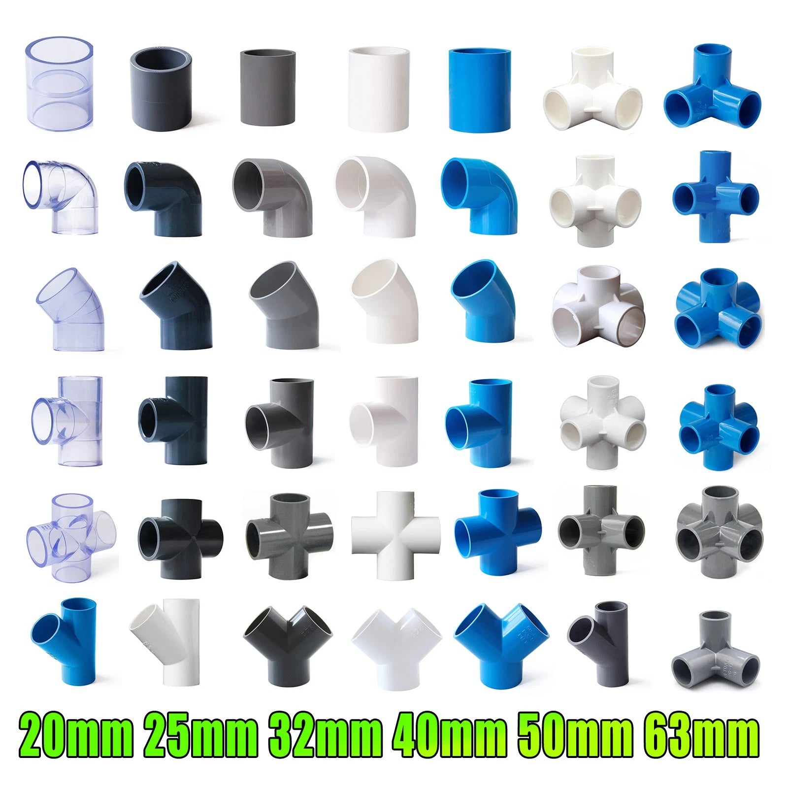 PVC Rohr Verbinder Klebefittings Bogen Winkel T-Stück Kappe Muffe I.D 20-63mm