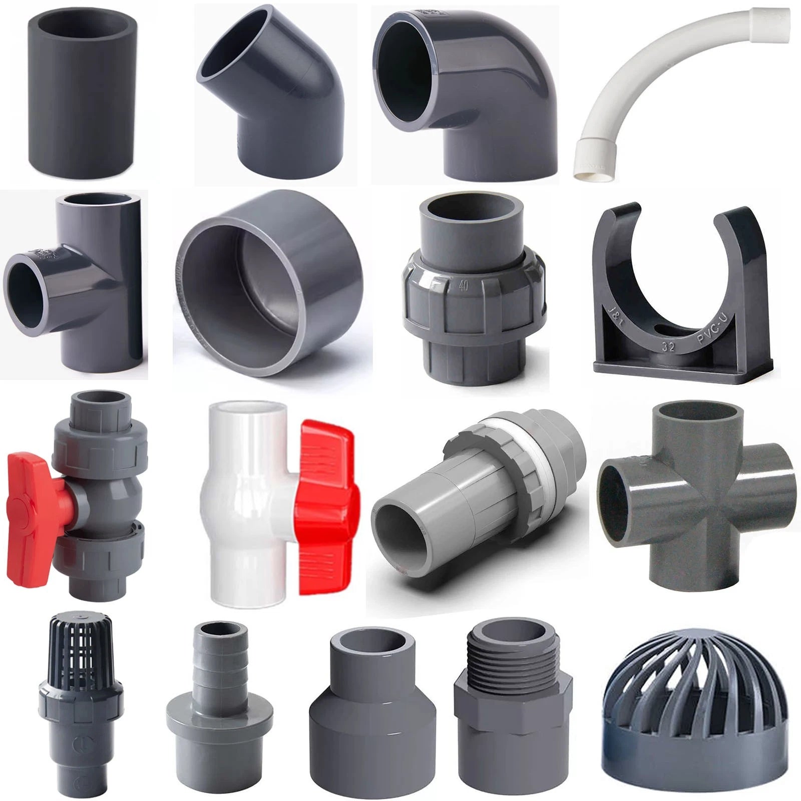 16-200mm PVC Fittings Rohr Klemme Winkel T-Stück Muffe Kleber Schlauch Kugelhahn