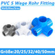 PVC 5 Wege Winkel Rohr Fittings 20mm-50mm Klebefittings Muffen Weiß Blau Grau