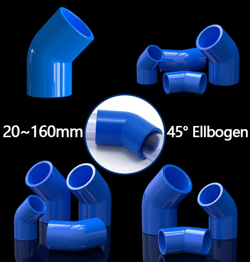 PVC 45° Ellbogen Winkel Klebe Blau Fittings Rohr Muffe Rohrverbinder 20mm~160mm