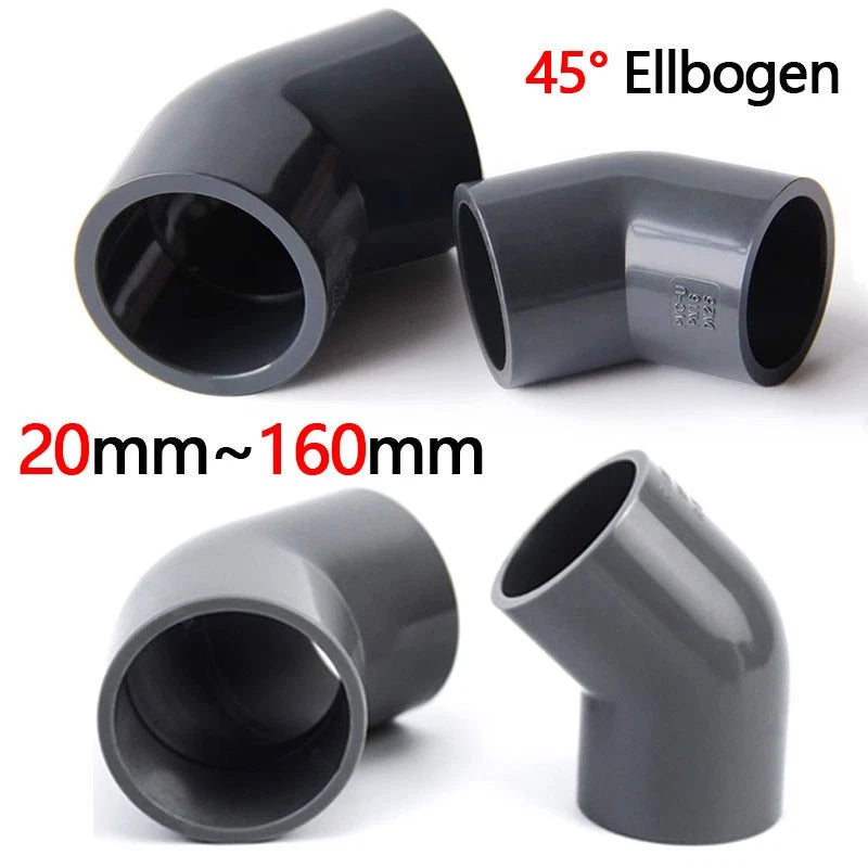 PVC 45° Ellbogen Winkel Klebe Fittings Rohr Grau Muffe Rohrverbinder 20mm~200mm