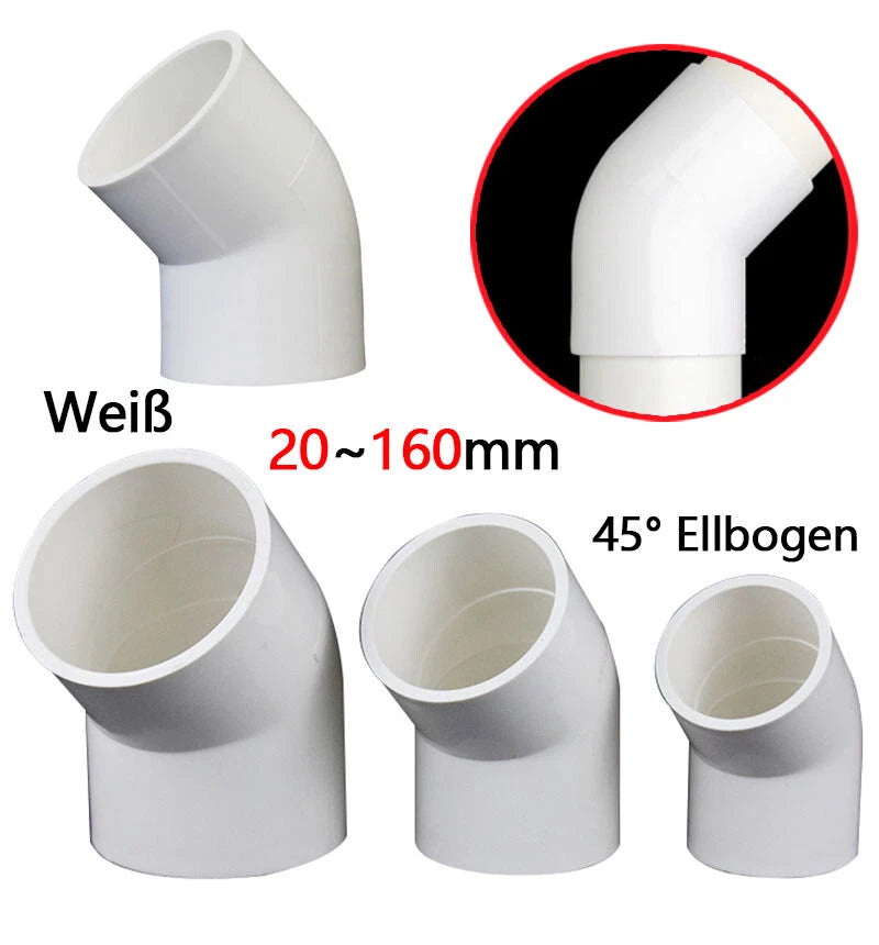 PVC 45° Ellbogen Winkel Klebe Fittings Rohr Muffe Rohrverbinder Weiß 20mm~200mm