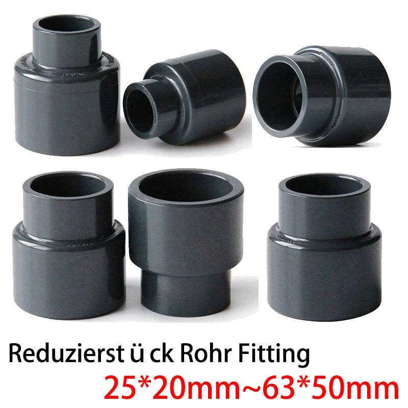 Ø20mm~63mm PVC Reduzierstück Rohr Fitting Klebefittings Lang Konisch Dunkelgrau