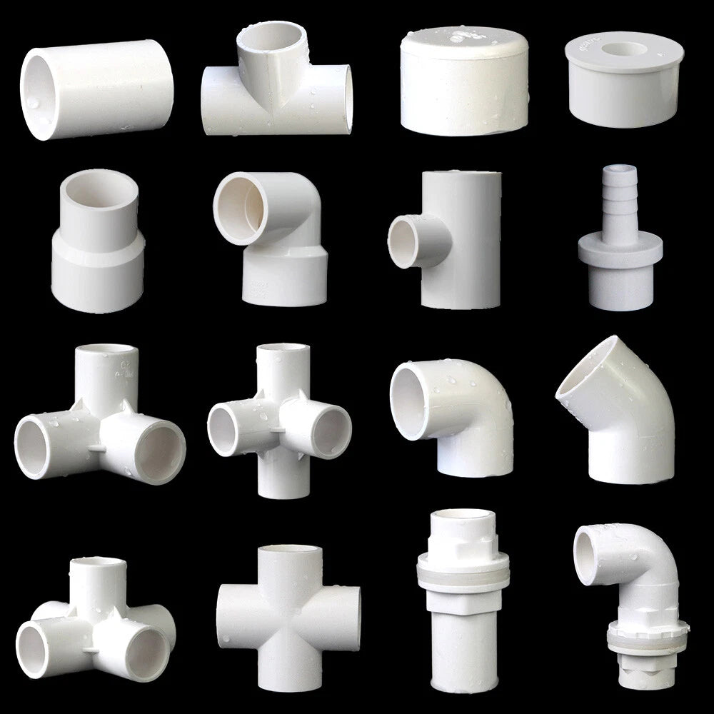Weiß PVC Klebefittings Rohr Verbinder T-Stück Bogen Winkel Muffe Kreuz 20-160mm