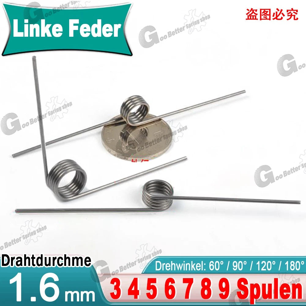 Schenkelfeder/Torsionsfeder/Drehfeder/D 1,6 mm Øa 8-18 mm Spannfeder linke Feder