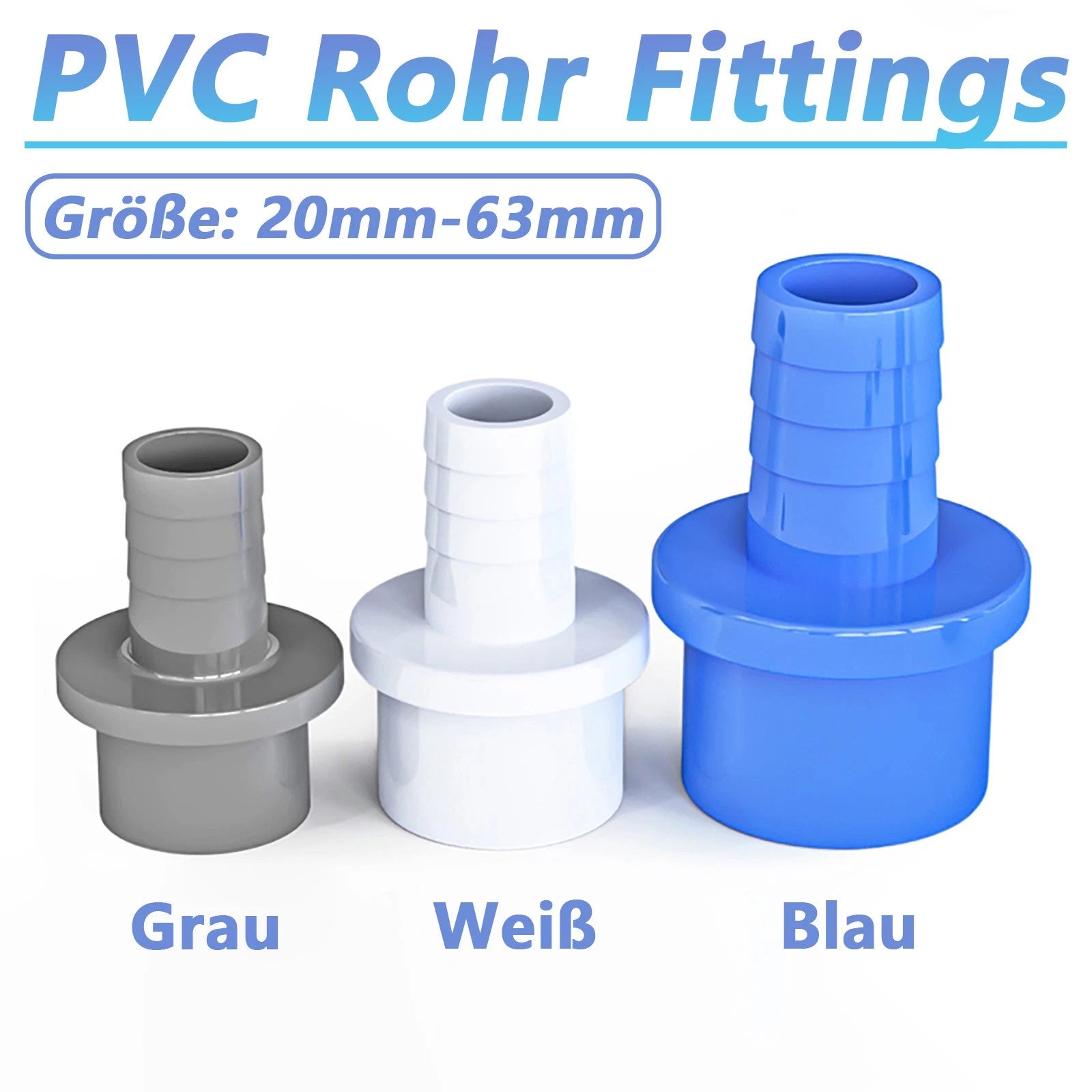 PVC Klebe-Fittings Pool Schlauchtülle Klebestutze Rohr Fittings Grau Weiß Blau