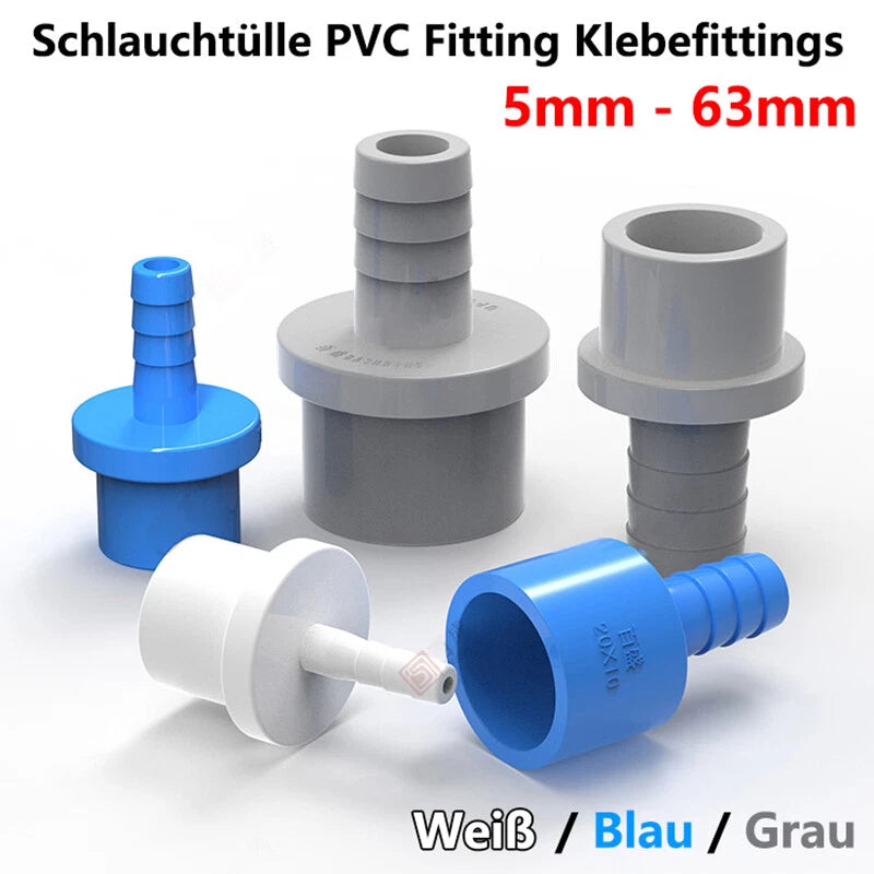 5-63mm Schlauchtülle PVC Klebefittings Druck Wasser Rohr Fittings Weiß Blau Grau