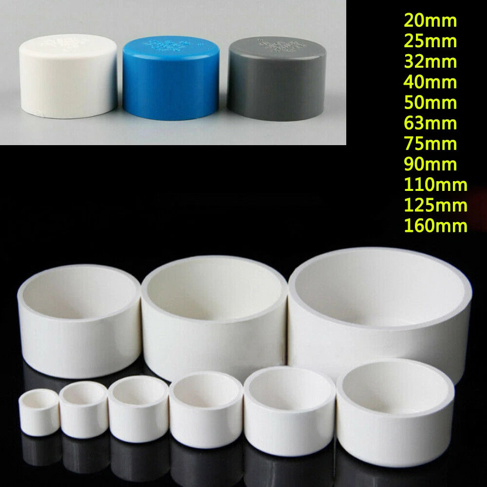 20mm - 200mm PVC Rohr-Fittings Endkappe Endstecker Deckel Stopfen Weiß Grau Blau