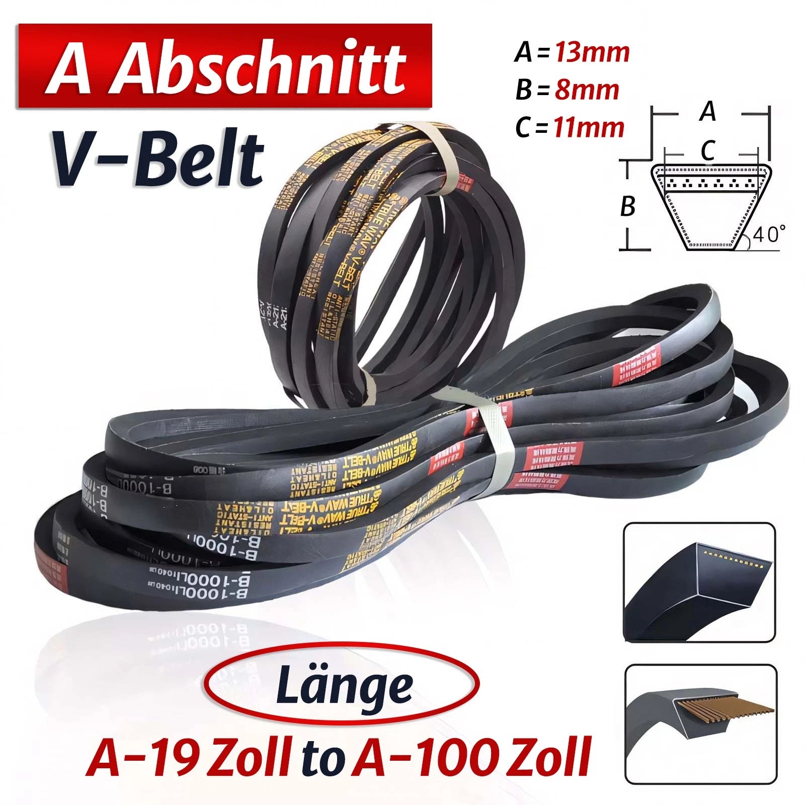 Classical A-Profile V-Belt per DIN 2215 — 13 x 8 mm Cross Section