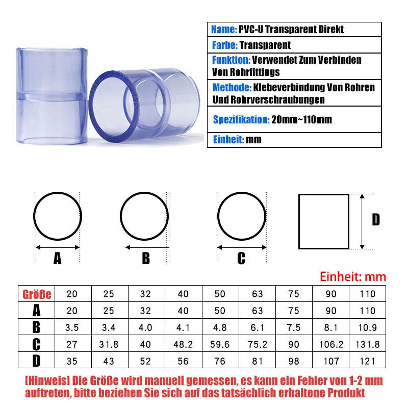 PVC-U Rohrverbinder 20~110mm Gerade Rohr Fitting Muffe Klebefittings Transparent