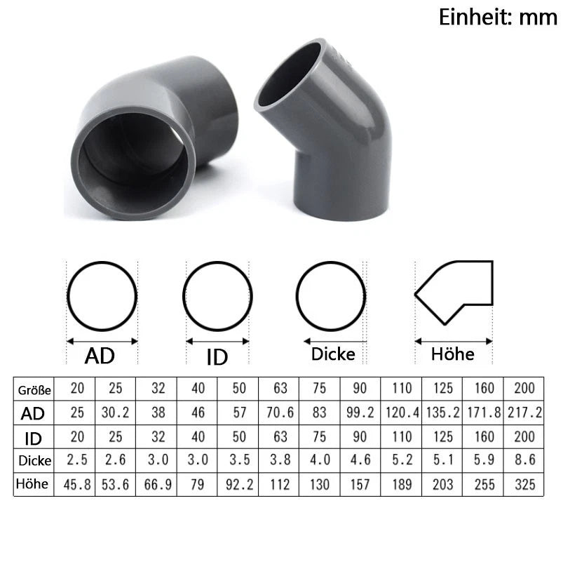 PVC 45° Ellbogen Winkel Klebe Fittings Rohr Grau Muffe Rohrverbinder 20mm~200mm