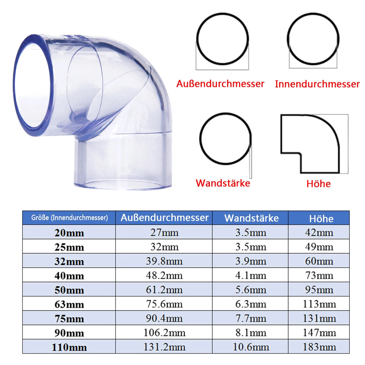 20 bis 110 mm PVC-U Rohr Fitting Winkel 90° Klebefittings Transparent Verdicken