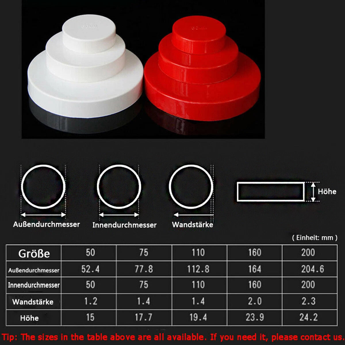 50 75 110 160 200mm PVC Rohr-Fittings Endkappe Deckel Abflussrohr Kappe Rot Weiß