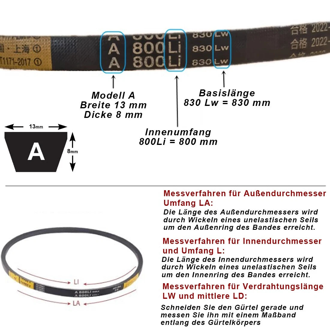 Classical V-Belt Profile A (DIN 2215) — 13mm × 8mm Cross-Section, Sizes A-400 to A-1000