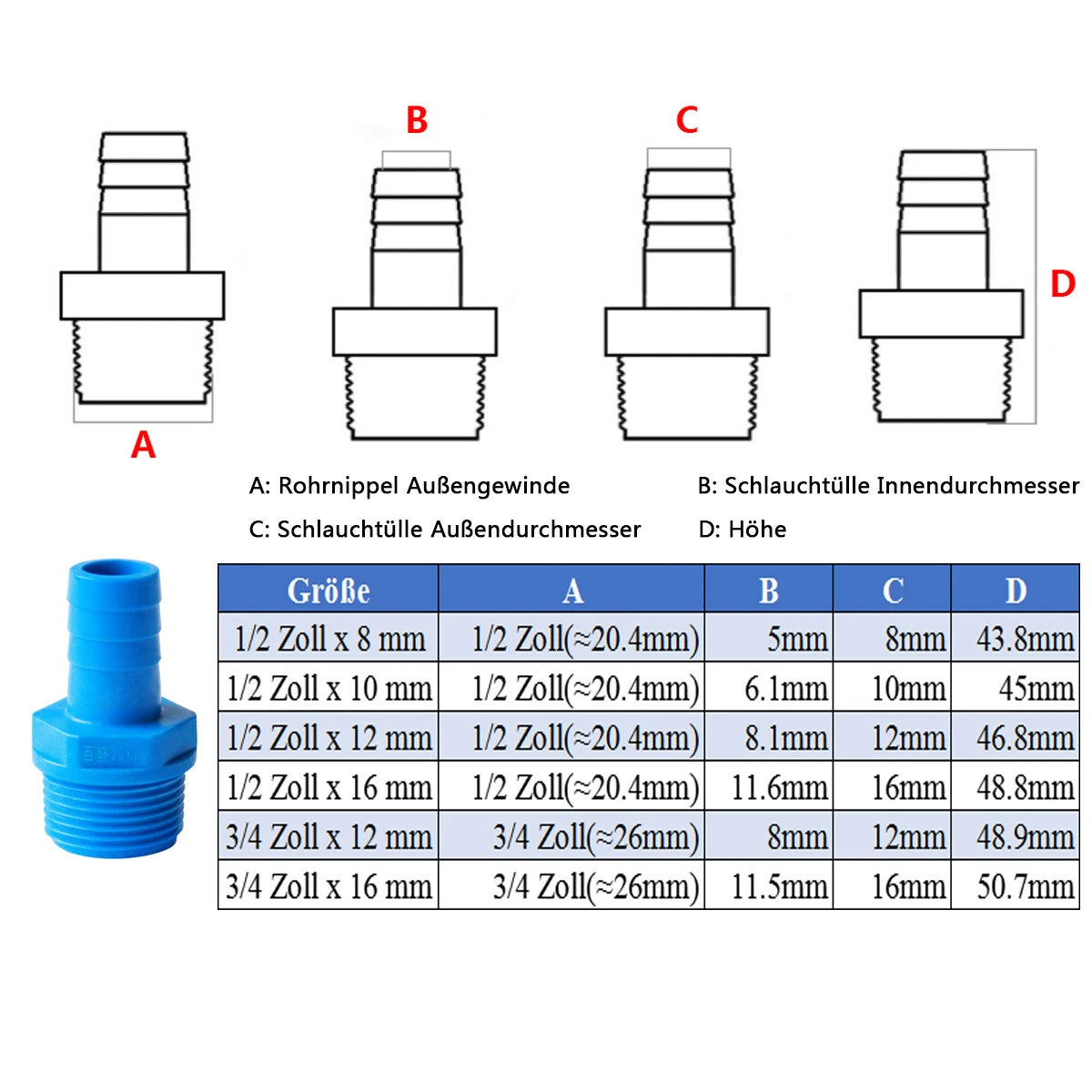 1 2 Zoll 3 4 Zoll Außengewinde x Schlauchtülle Nippel PVC Rohre-Fittings Adapter