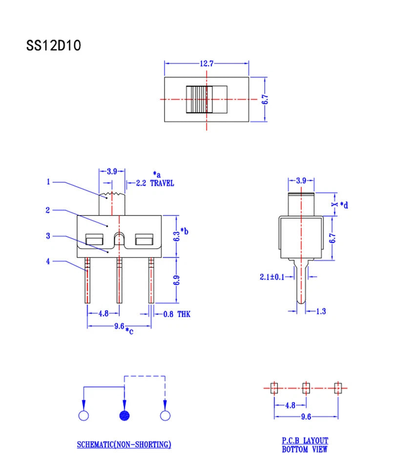 Toggle Switch SS12D06 SS12D10 SPDT 3-Pin Slide Switch with Straight or Bent Feet — 4.7mm Spacing, 5mm Handle
