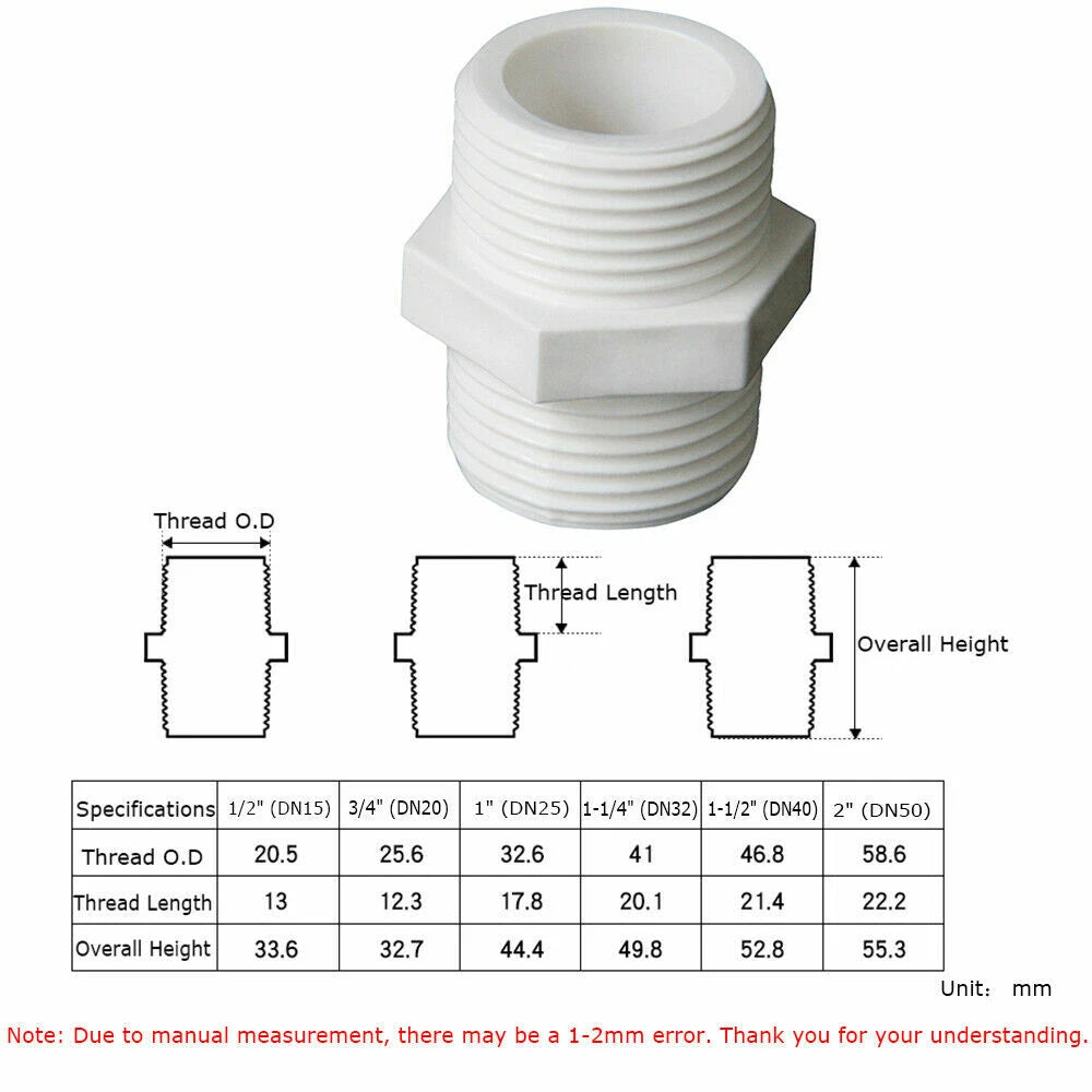 1 2 Zoll - 2 Zoll PVC Doppelnippel Außengewinde x Außengewinde PVC Rohrfittings