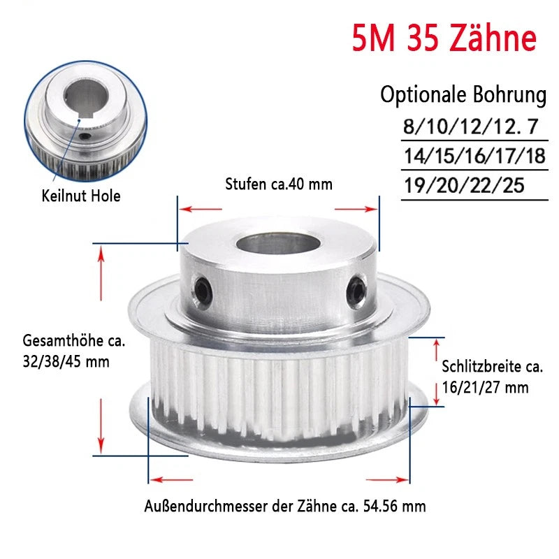 5M Riemenscheibe 35-80 Zähne Zahnrad Pulley für 15mm 20mm 25mm Breite Zahnriemen