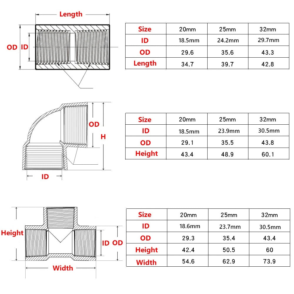 PVC Fittings Winkel T-Stück Muffe 1 4" 3 4" 1" Innengewinde Rohr Verbindung