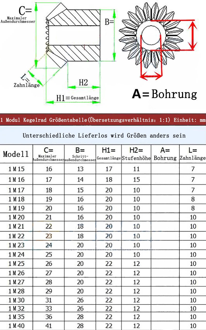 1 Mod Kegelrad 15-30 Zähne Kegelzahnrad Übersetzung 1:1 1M 15T-30T Bevel Gear