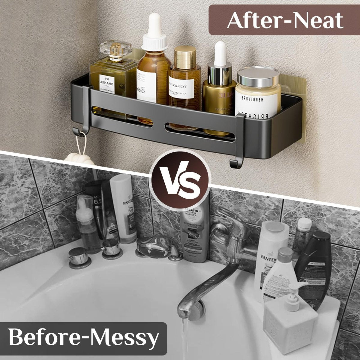Shower Shelf - 1 Tier Rustproof Bonded Shower Caddy - Wall - Mounted Shower Holder - 4 Hooks,Towel Bars - Shower Accessories Bathroom Organiser - No Drilling Required for Installation - HomeDIYer