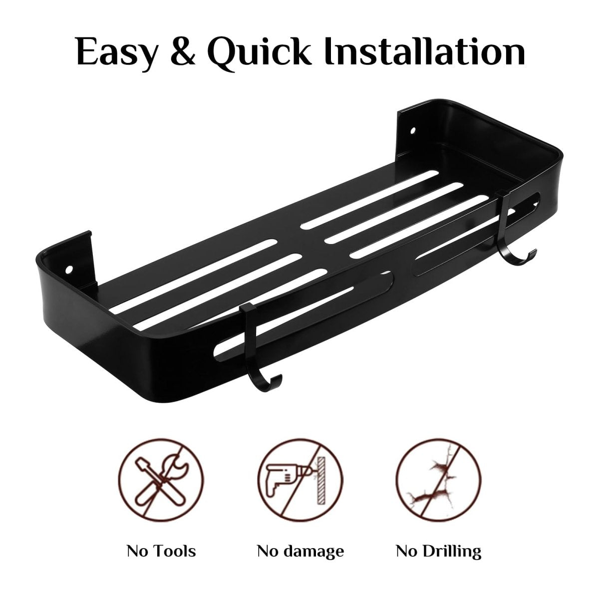 Shower Shelf - 1 Tier Rustproof Bonded Shower Caddy - Wall - Mounted Shower Holder - 4 Hooks,Towel Bars - Shower Accessories Bathroom Organiser - No Drilling Required for Installation - HomeDIYer
