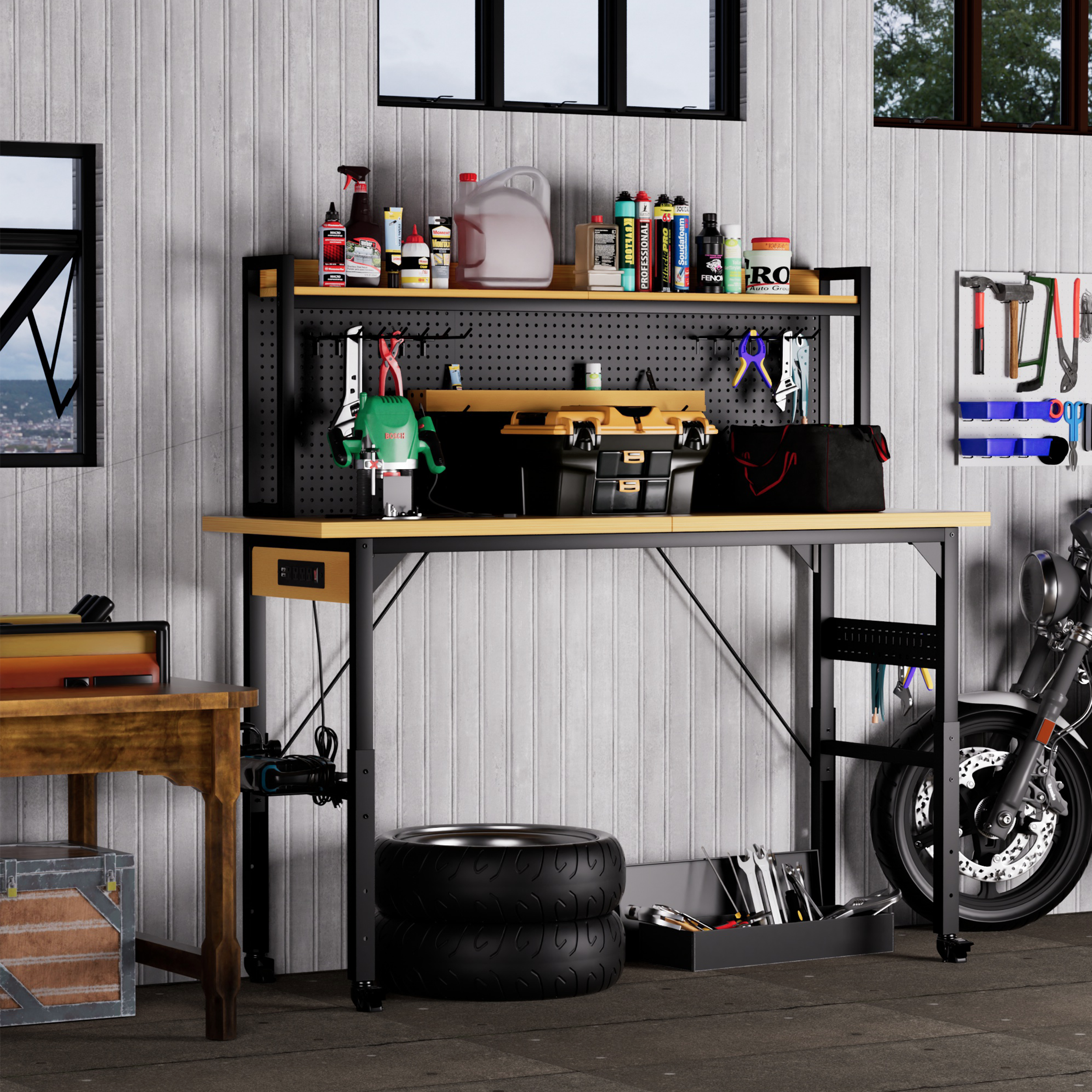 71" Adjustable Rolling Workbench with Pegboard, 1600 lb Capacity, AC Outlets, USB Ports & 18 Hooks, Natural
