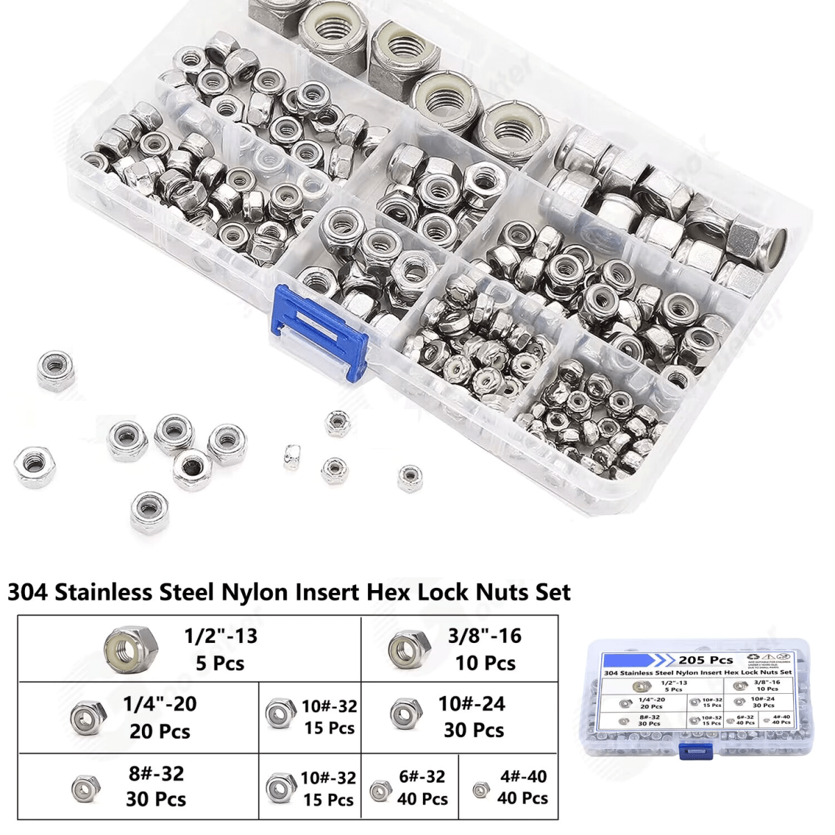 4 - 1/2" Nylon Insert Hex Lock Nuts Assortment Kit 304 Stainless Steel - 205 Pcs - HomeDIYer