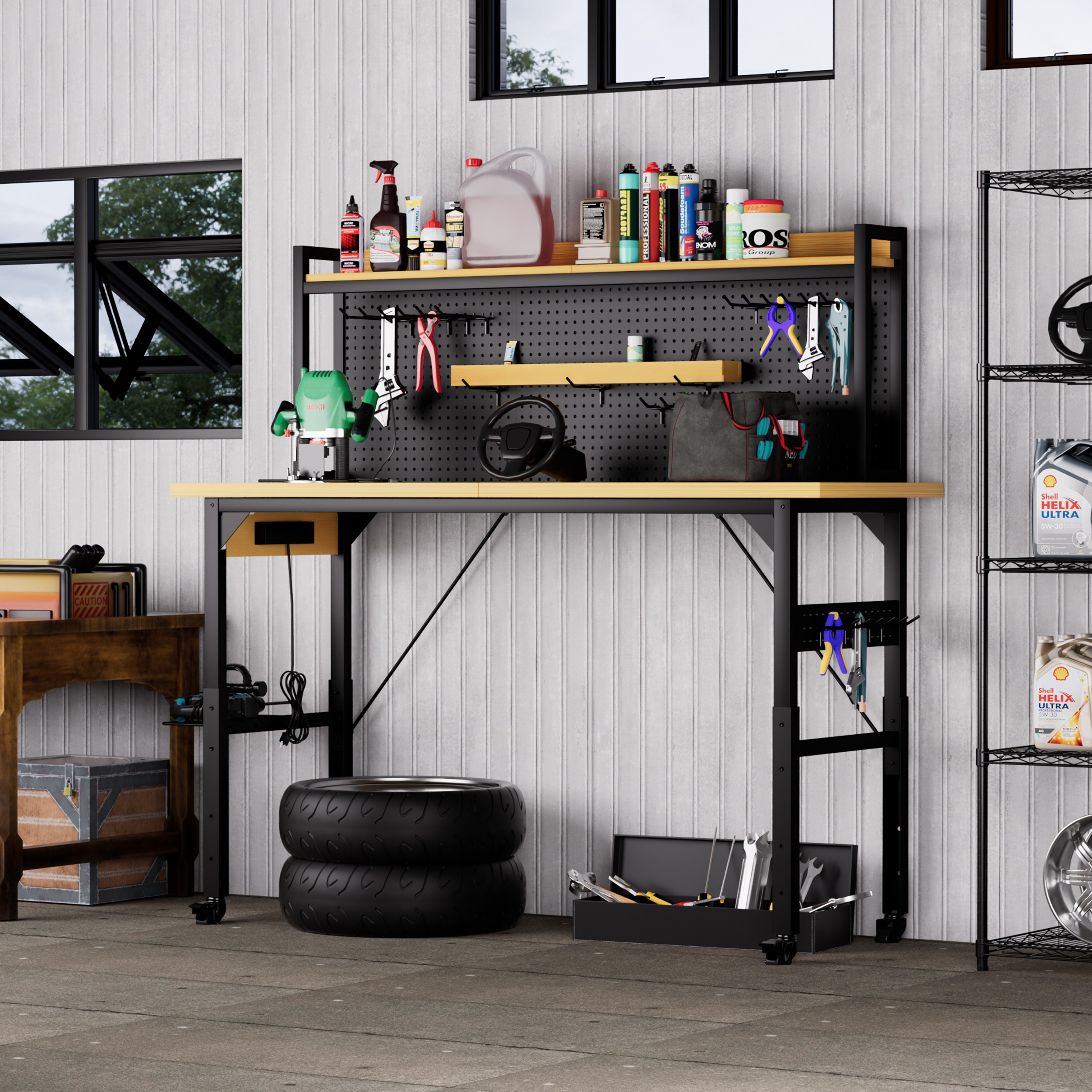 71" Adjustable Rolling Workbench with Pegboard, 1600 lb Capacity, AC Outlets, USB Ports & 18 Hooks, Natural