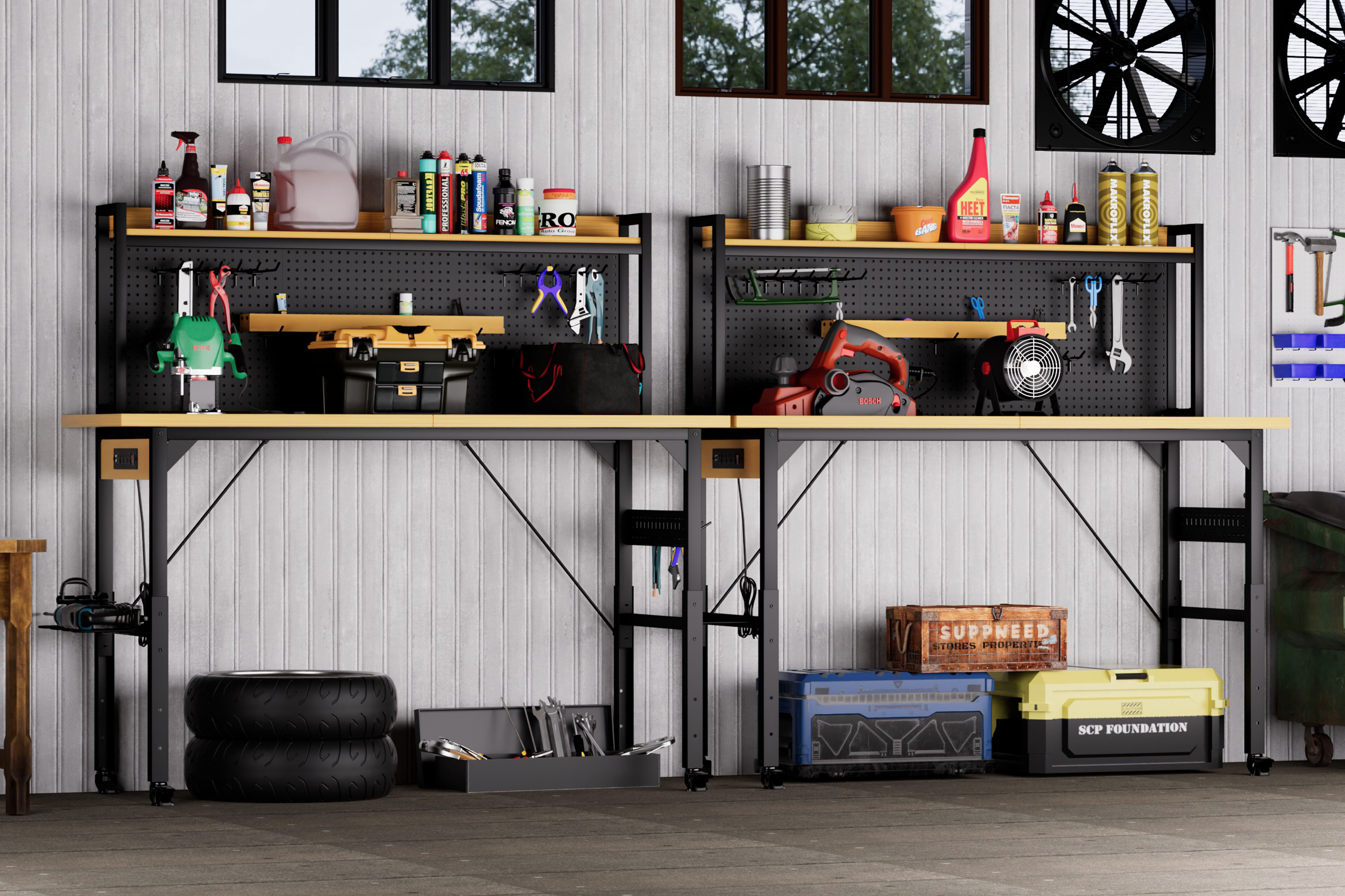 71" Adjustable Rolling Workbench with Pegboard, 1600 lb Capacity, AC Outlets, USB Ports & 18 Hooks, Natural