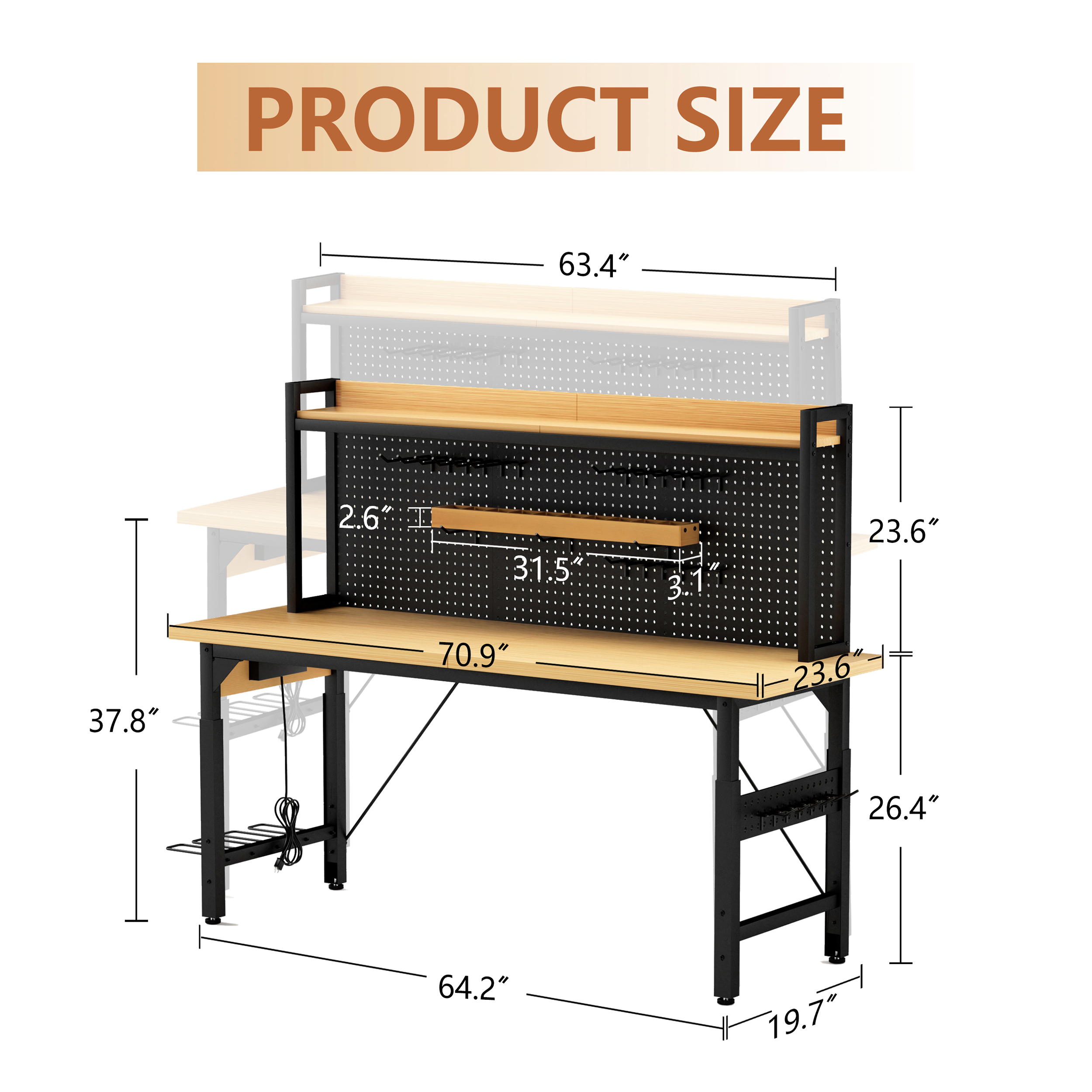 71" Adjustable Rolling Workbench with Pegboard, 1600 lb Capacity, AC Outlets, USB Ports & 18 Hooks, Natural