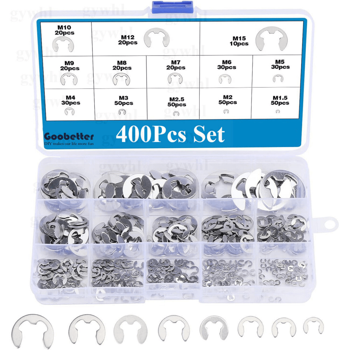 400Pcs 304 Stainles Steel E - Clip Retaining Circlip Assortment 1.5mm to 15mm Kit - HomeDIYer