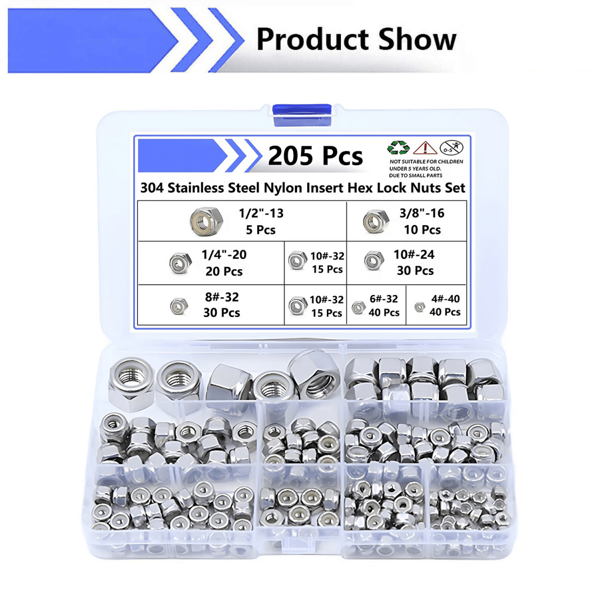 4 - 1/2" Nylon Insert Hex Lock Nuts Assortment Kit 304 Stainless Steel - 205 Pcs - HomeDIYer