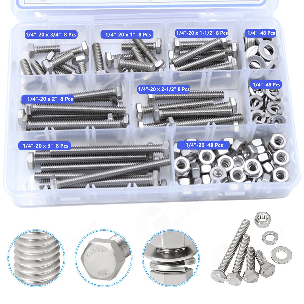 192Pcs 1/4'' - 20 Hex Head Bolts And Nut & Washer Assortment Kit A2 Stainless Steel - HomeDIYer