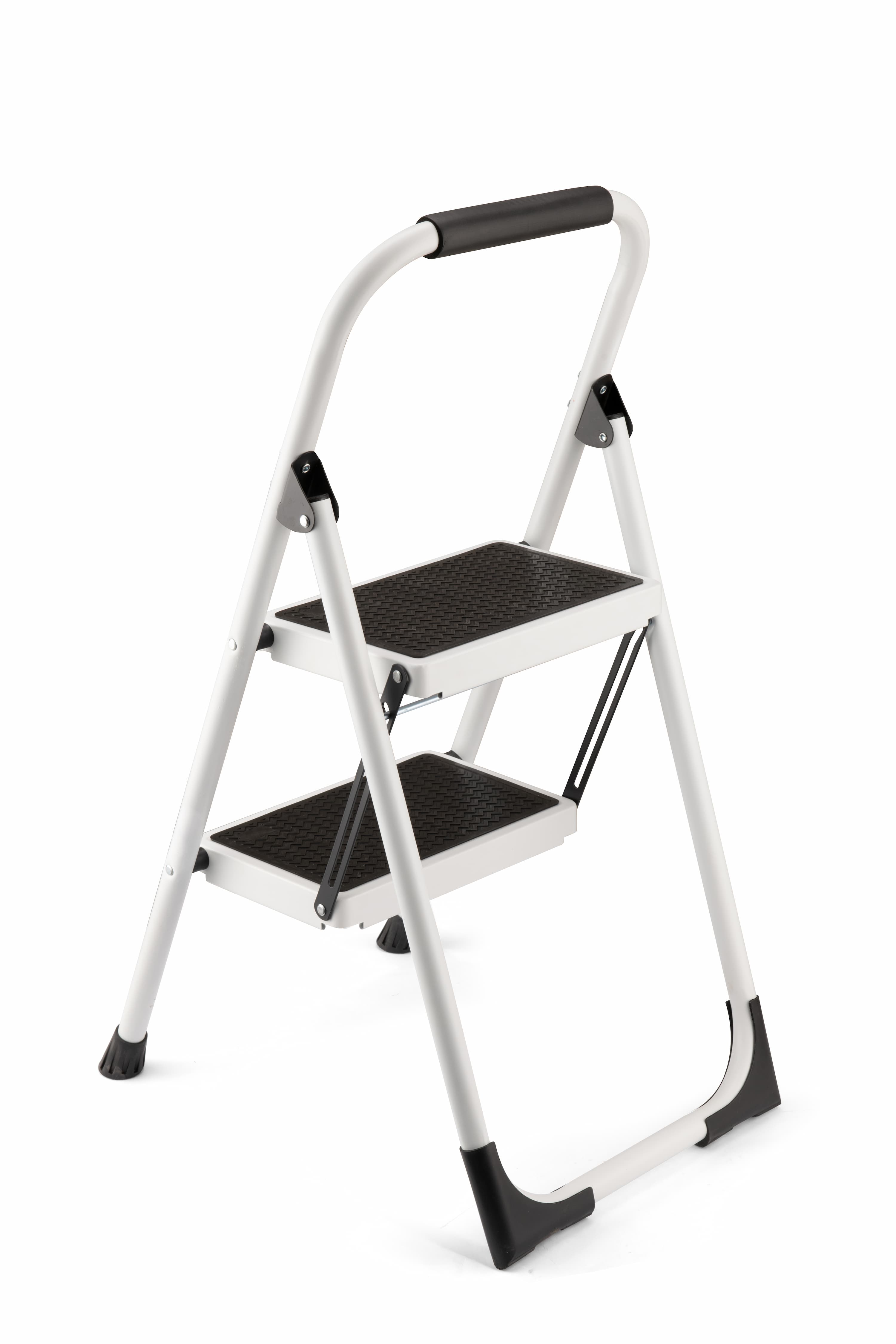 2‑Step Folding Step Stool with Handrails — 330 lb Capacity, Anti‑Slip Wide Pedals, White