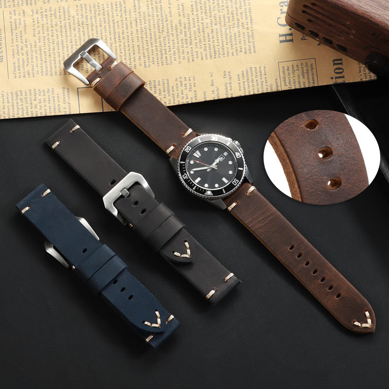Crazy Horse Leather Watch Strap for DW Seiko 18-26mm Vintage Handstitched