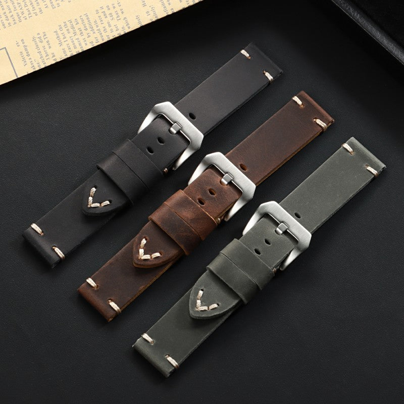 Crazy Horse Leather Watch Strap for DW Seiko 18-26mm Vintage Handstitched