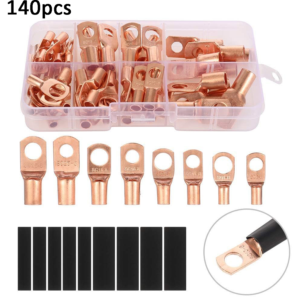 140pcs Copper Wire Lugs Battery Cable Ends Terminal Connectors Assortment Kit