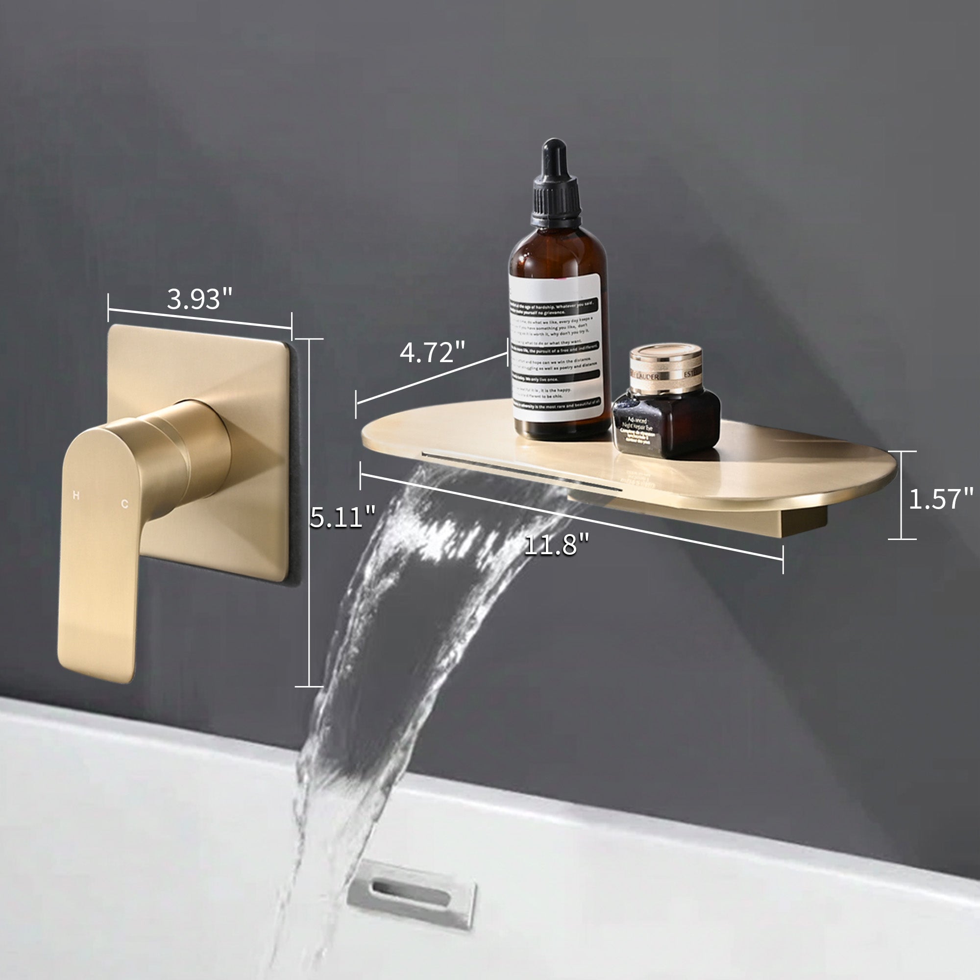 Wall Mount Waterfall Bathtub Faucet with Easy Single Handle Control, Durable Brushed Gold Finish, Modern Design
