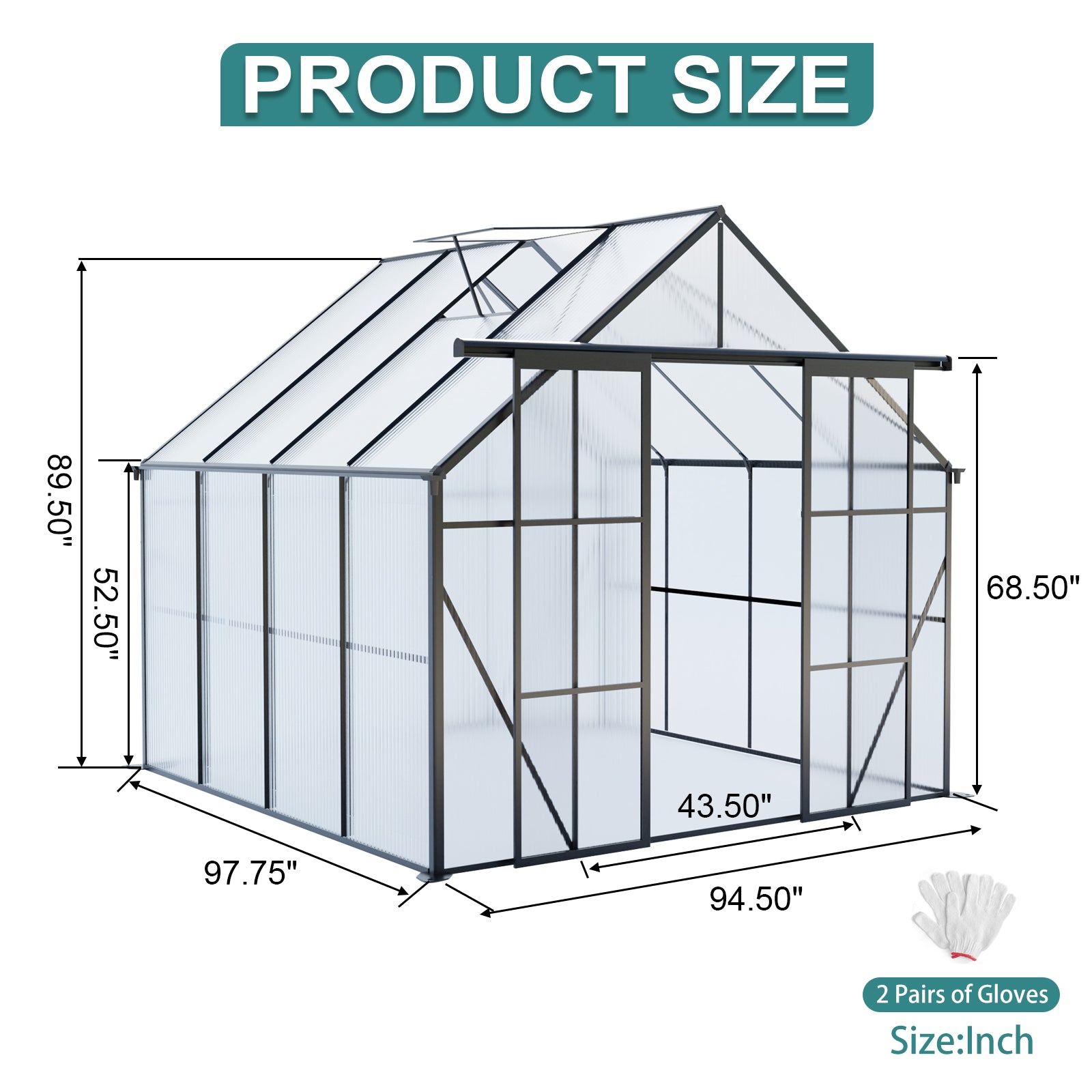 8ft x 8ft Heavy‑Duty Aluminum Walk‑In Greenhouse — Double Doors Polycarbonate Panels Raised Base & Drainage System Black