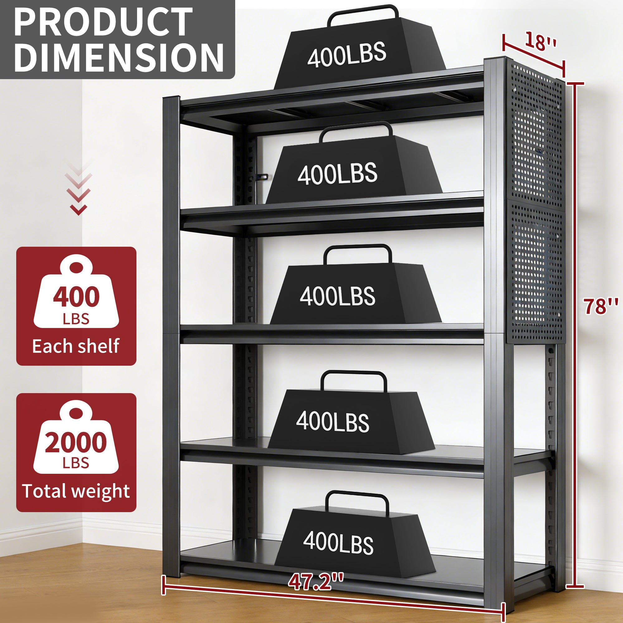 5-Tier Heavy-Duty Metal Shelving Unit with Pegboard, 78"H x 47.2"W x 18"D, 2000 lb Capacity