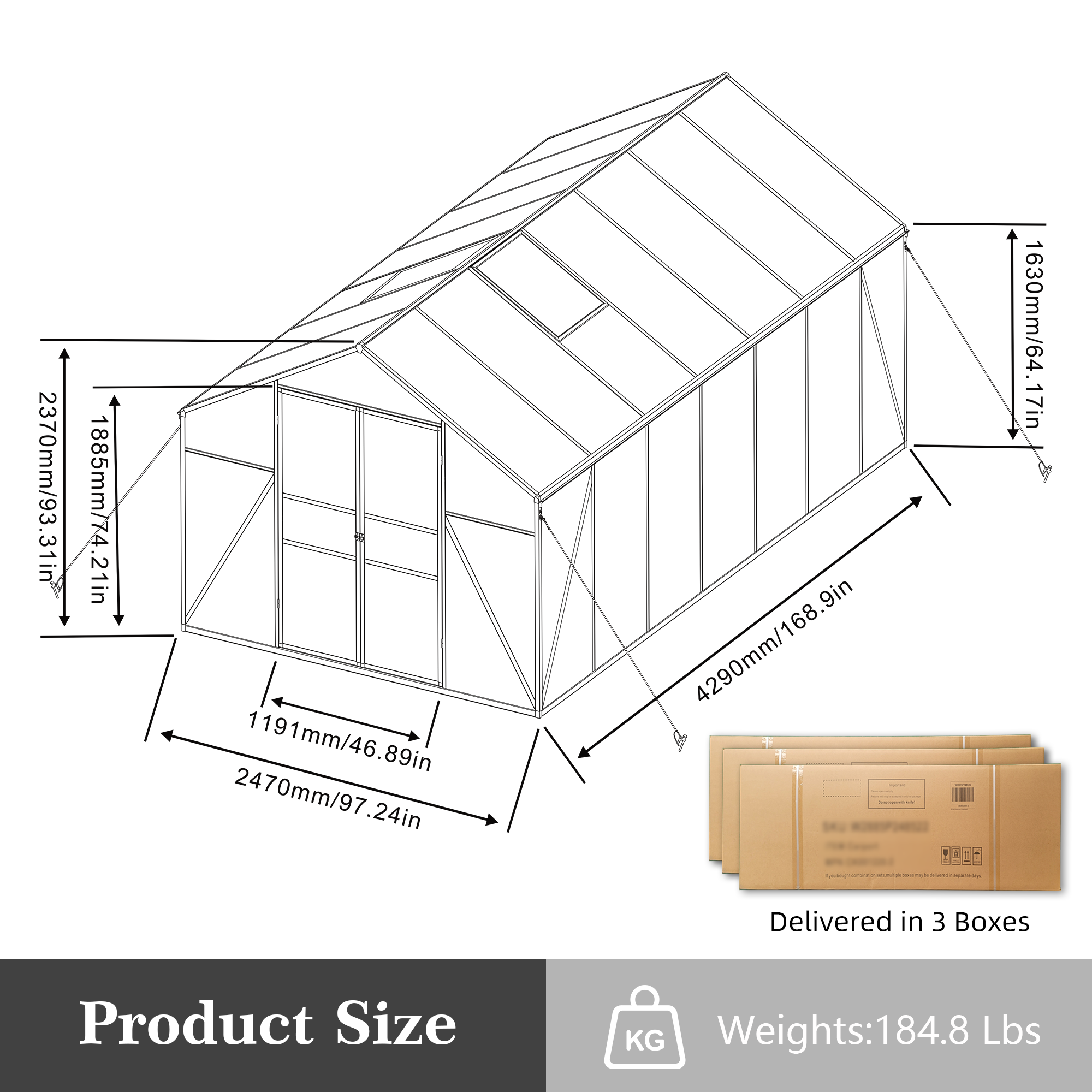 8ft x 14ft Heavy‑Duty Aluminum Walk‑In Greenhouse — Raised Base Polycarbonate Panels & Drainage System Black