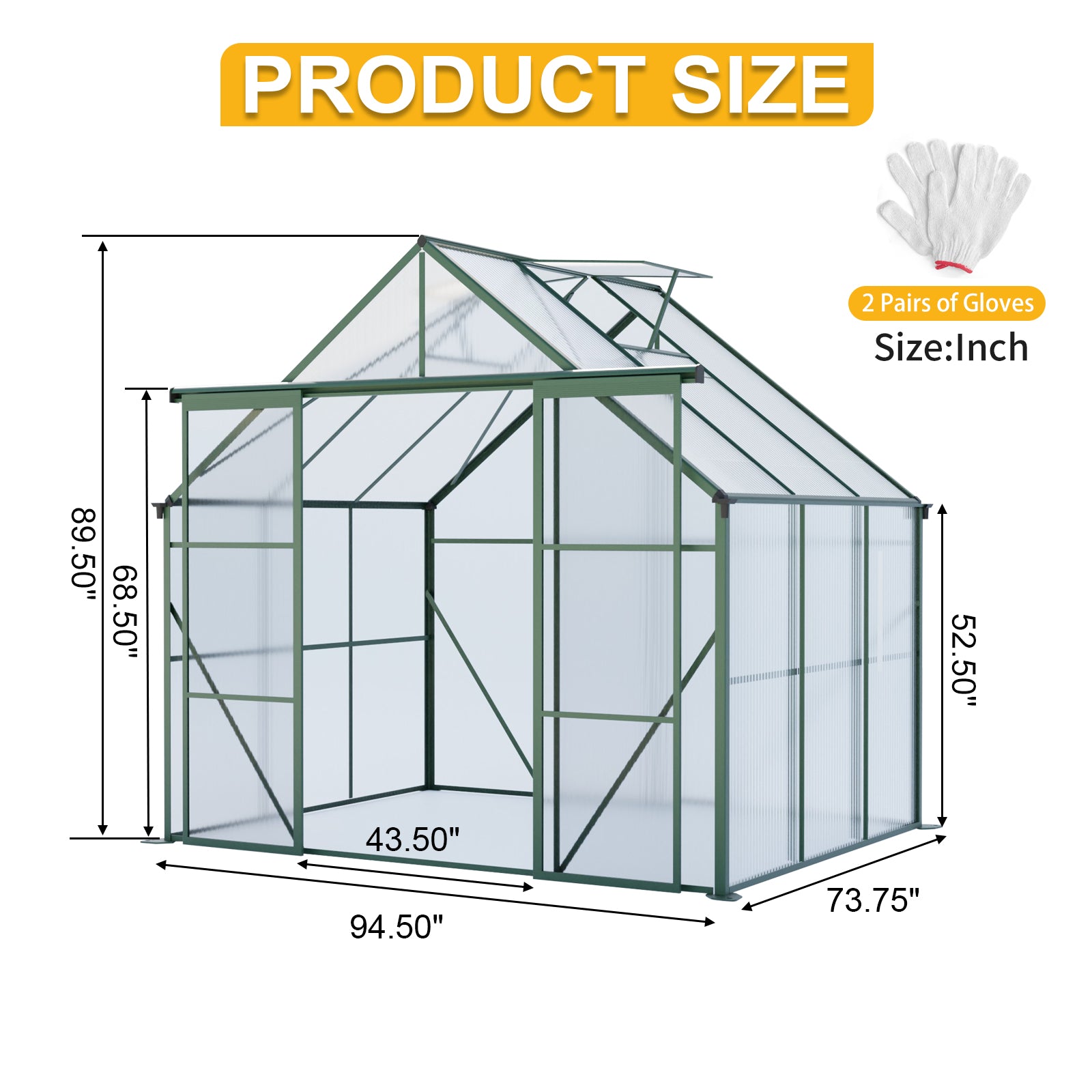 8ft x 6ft Heavy‑Duty Aluminum Walk‑In Greenhouse — Double Doors Adjustable Roof & Polycarbonate Panels Green