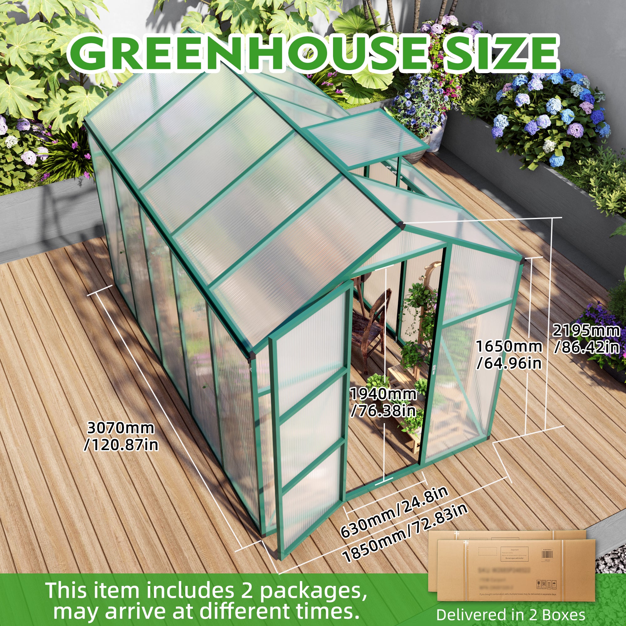 6ft x 10ft Heavy‑Duty Aluminum Walk‑In Greenhouse — Wind‑Resistant Polycarbonate Panels with Raised Base & Drainage System Green