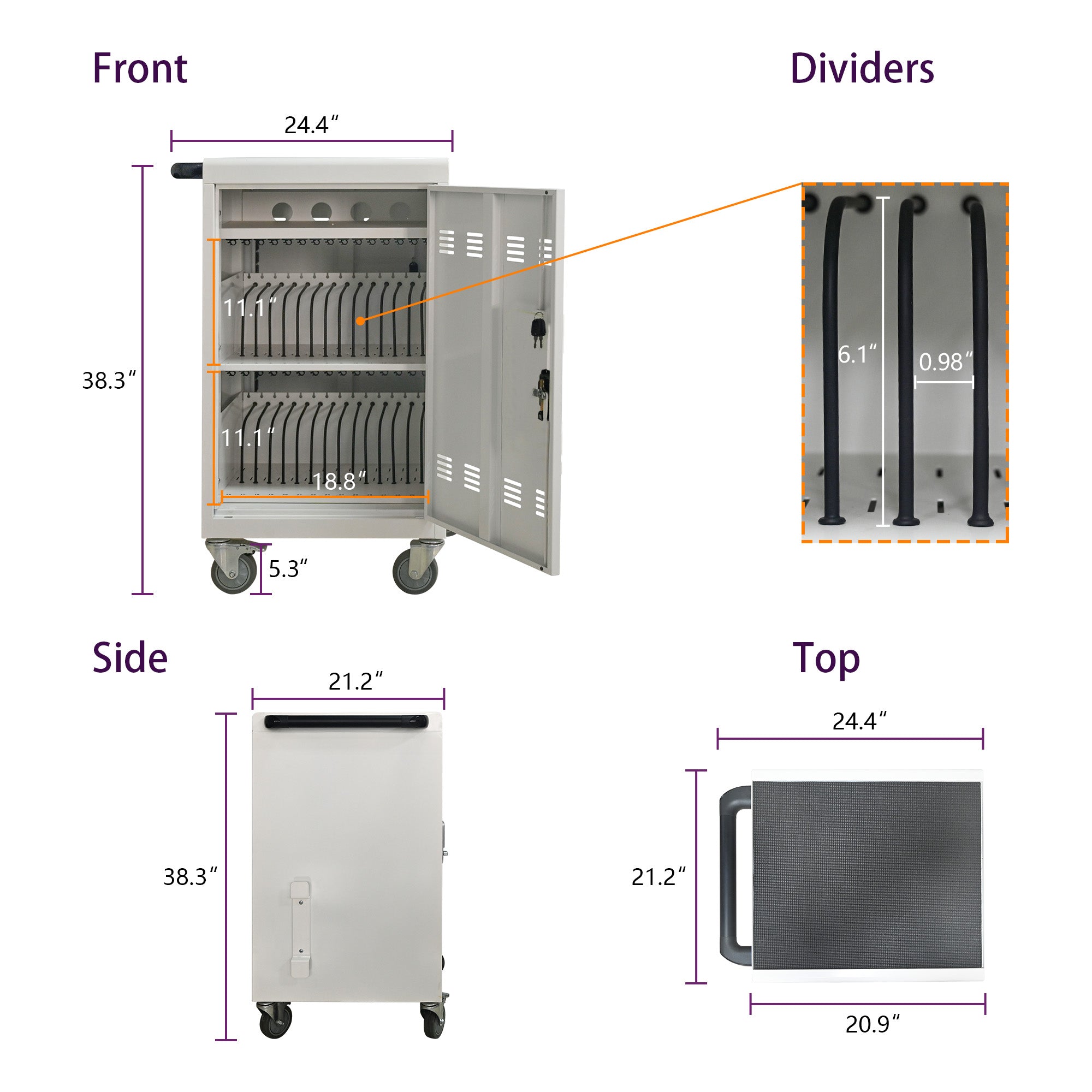 30+2Bay Mobile School Charging Cart Station for Chromebook, Tablet and Laptop Computer with Power Strip Included, Assembly Required-WHITE