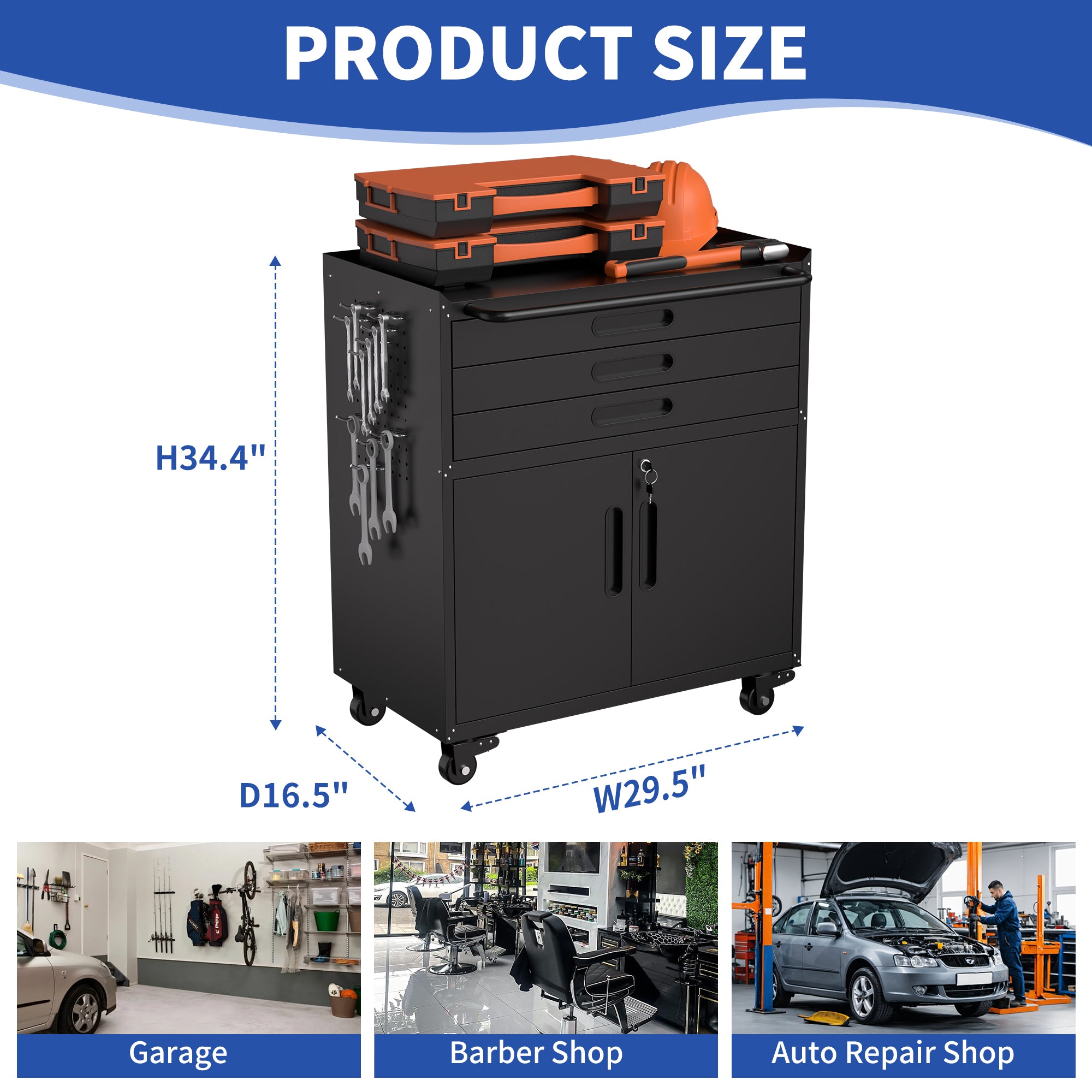 34.3" Rolling Metal Tool Cabinet - Heavy Duty Garage Storage with Lockable Doors & 3 Drawers, Mobile Workbench Organizer for Garage, Workshop, Home