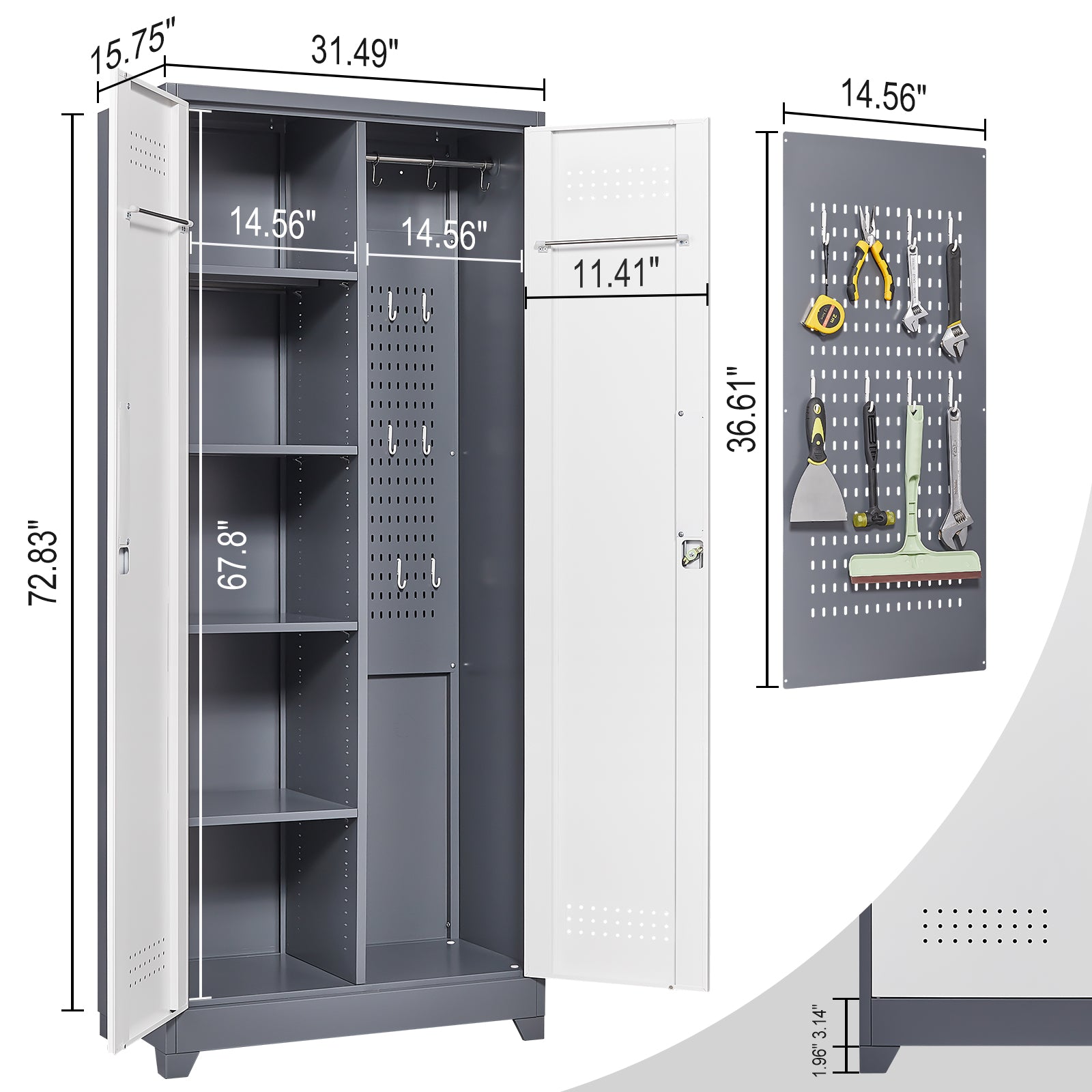 Gray Metal Lockers, Cleaning Tool Cabinets With Locking Doors, High Broom Tool Storage Cabinets, Adjustable Shelves, Large Cabinets For Kitchens, Offices, Shops.(72 Inches)