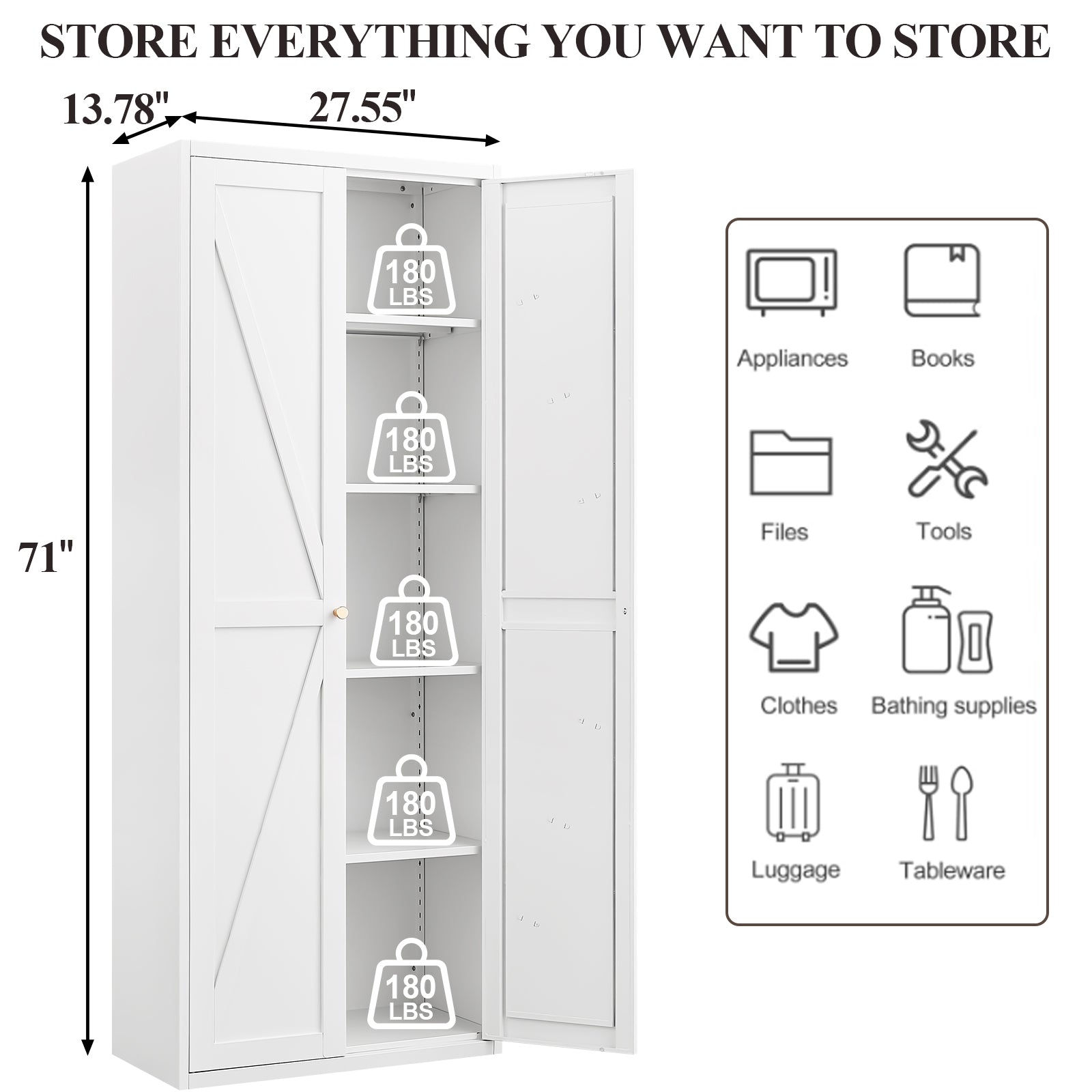 Metal Adjustable 2 Doors Metal Storage Cabinet Kitchen Pantry Cabinet With Adjustable Shelves Tall Steel Cabinet Locker For Kitchen, Living Room, Dining Room And Office